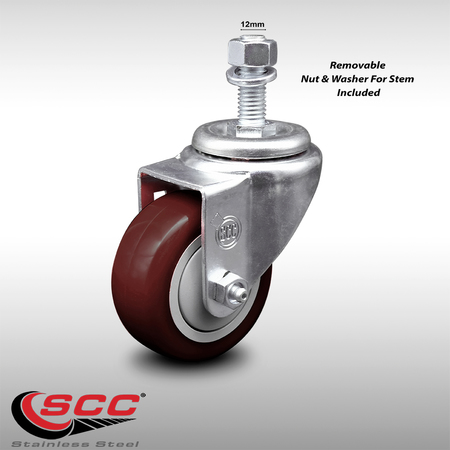 SERVICE CASTER 3 Inch SS Maroon Polyurethane Wheel Swivel 12mm Threaded Stem Caster SCC SCC-SSTS20S314-PPUB-MRN-M1215